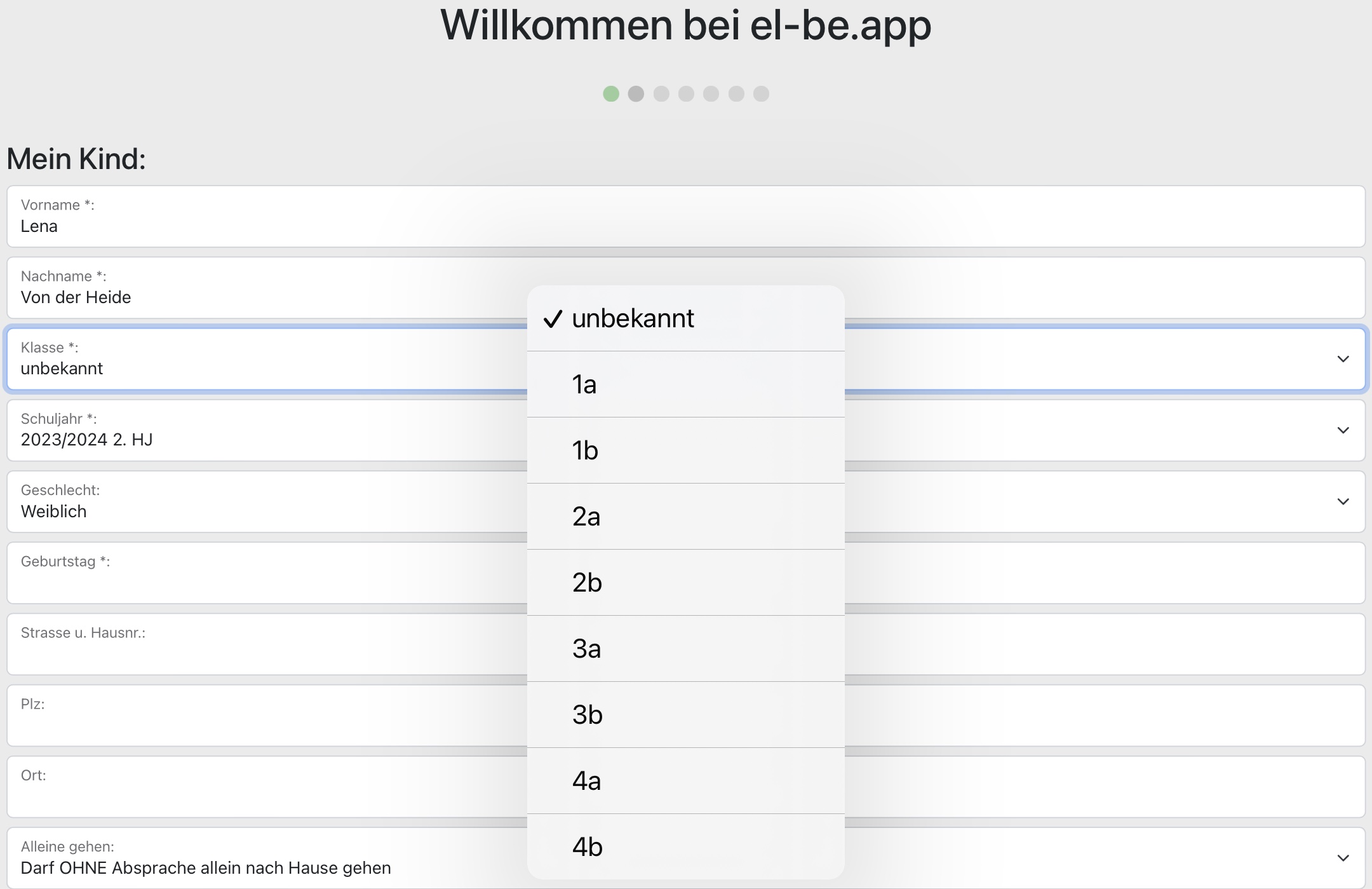 el-be.app Registrierung Mein Kind - Klasse Unbekannt