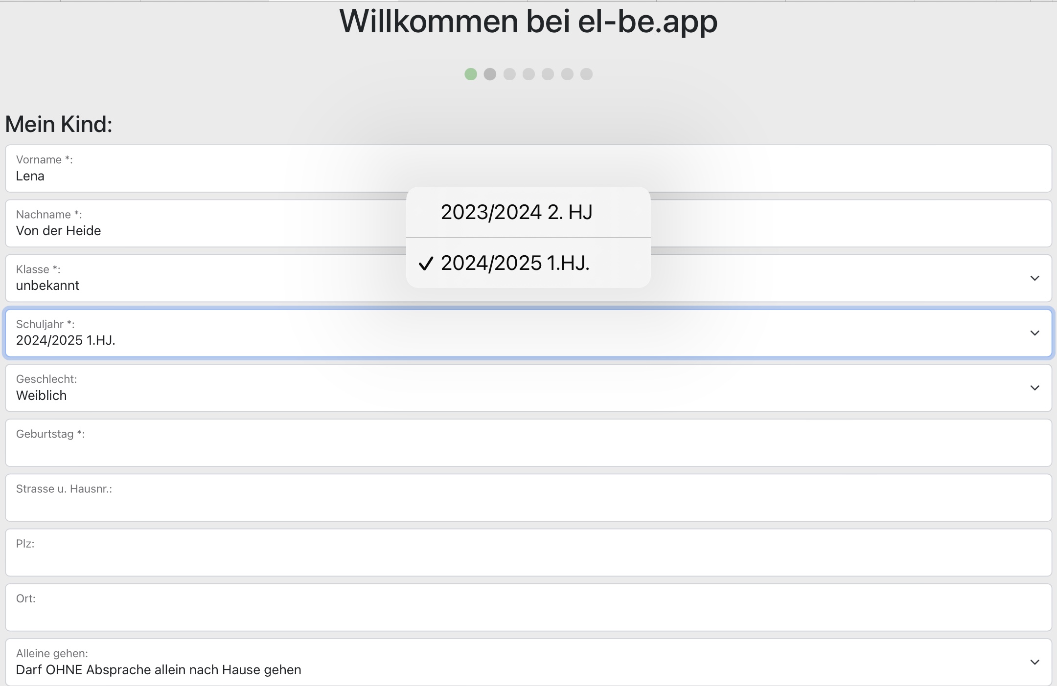 el-be.app Registrierung Mein Kind - Schuljahr